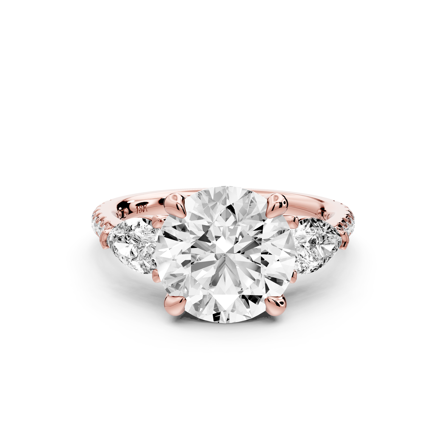 Alma - 3ct 14k rose gold round center stone with two pear shaped diamonds and pav��. Three stone oval and pear engagment ring with Pav��