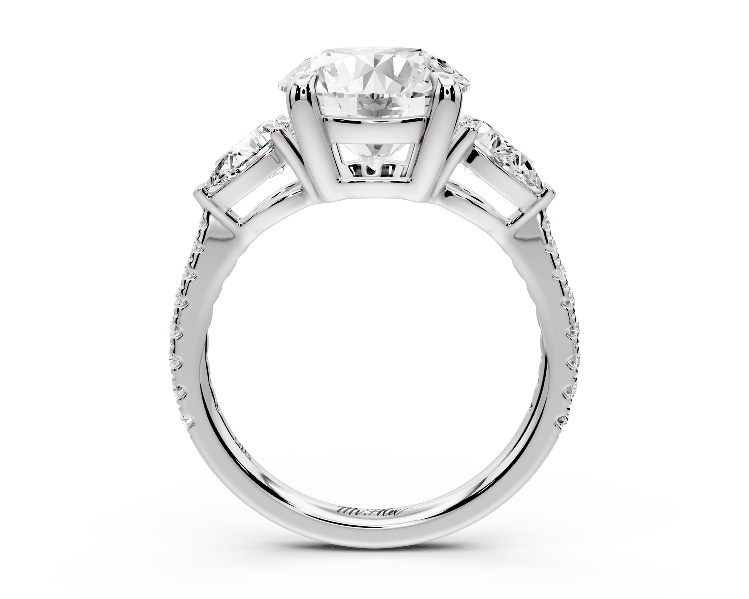 Alma - 3ct 18k white gold round center stone with two pear shaped diamonds and pavé. Three stone oval and pear Engagement ring with Pavé