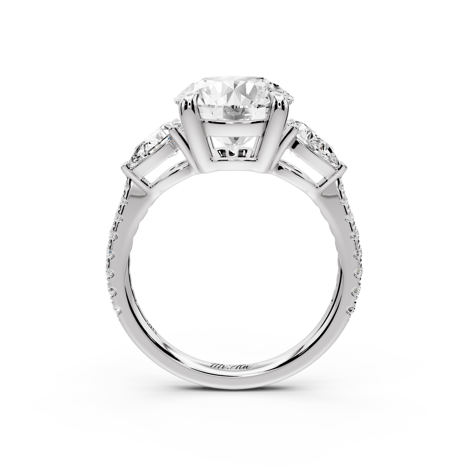 Alma - 3ct 18k white gold round center stone with two pear shaped diamonds and pavé. Three stone oval and pear Engagement ring with Pavé
