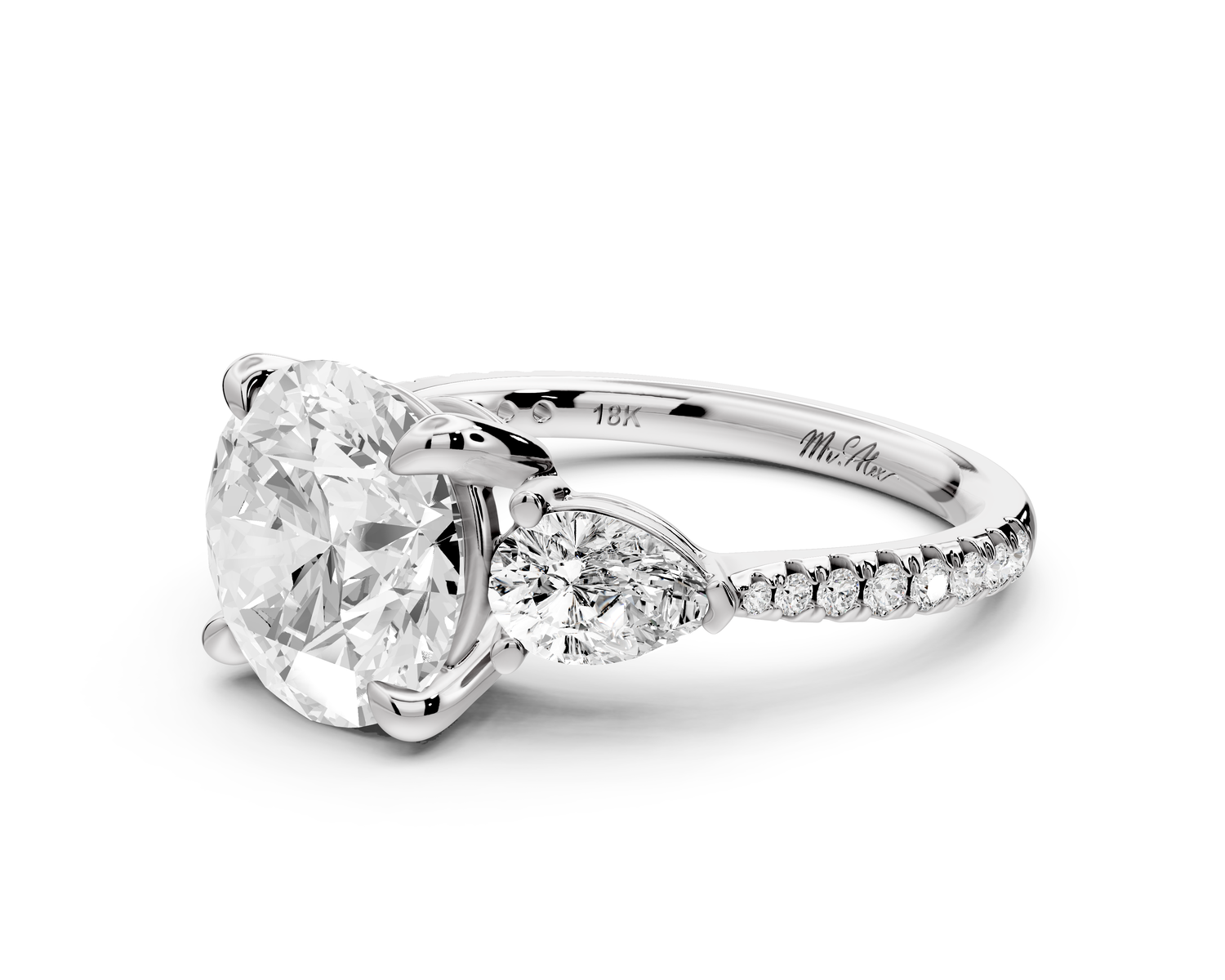 Alma - 3ct 18k white gold round center stone with two pear shaped diamonds and pavé. Three stone oval and pear Engagement ring with Pavé