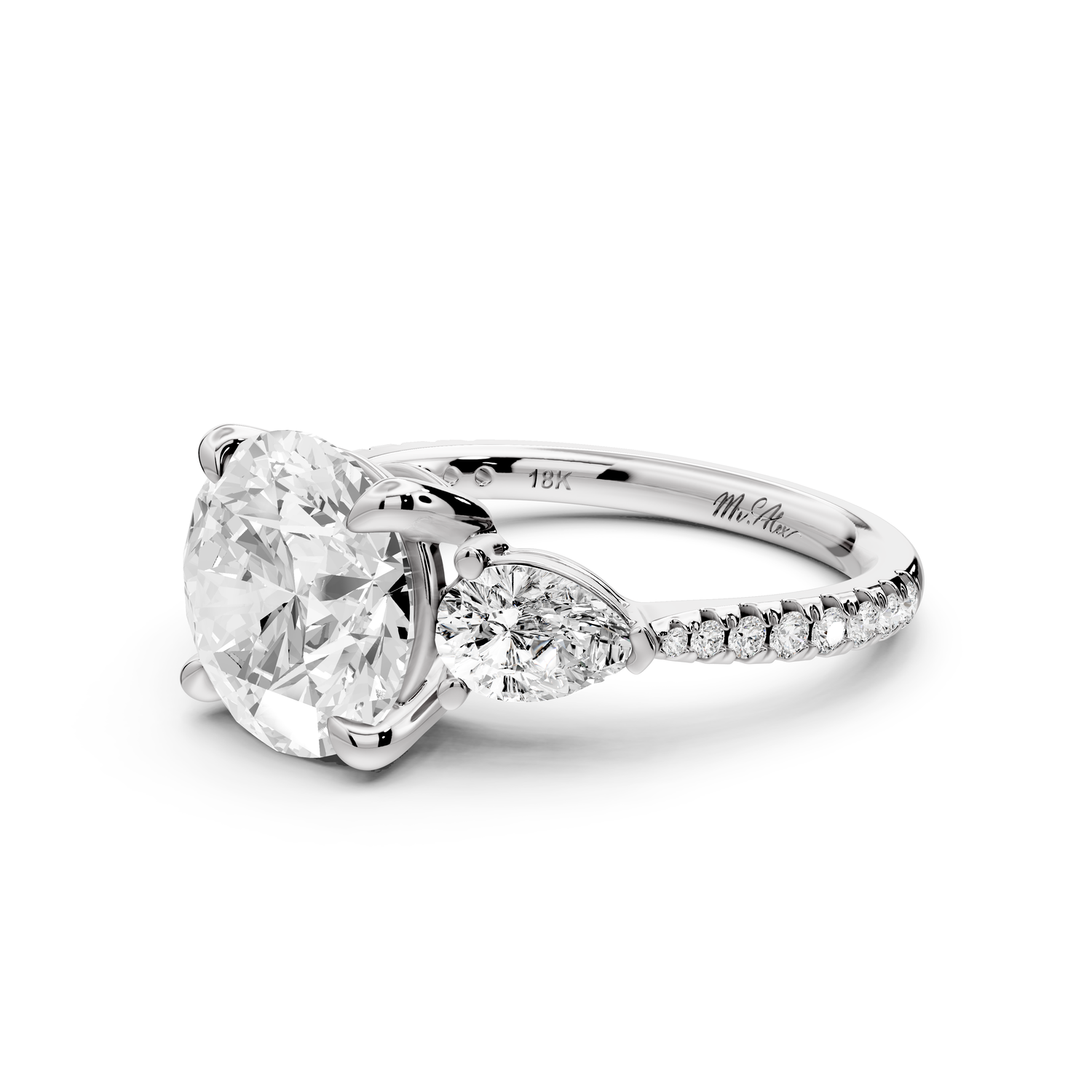 Alma - 3ct 18k white gold round center stone with two pear shaped diamonds and pavé. Three stone oval and pear Engagement ring with Pavé