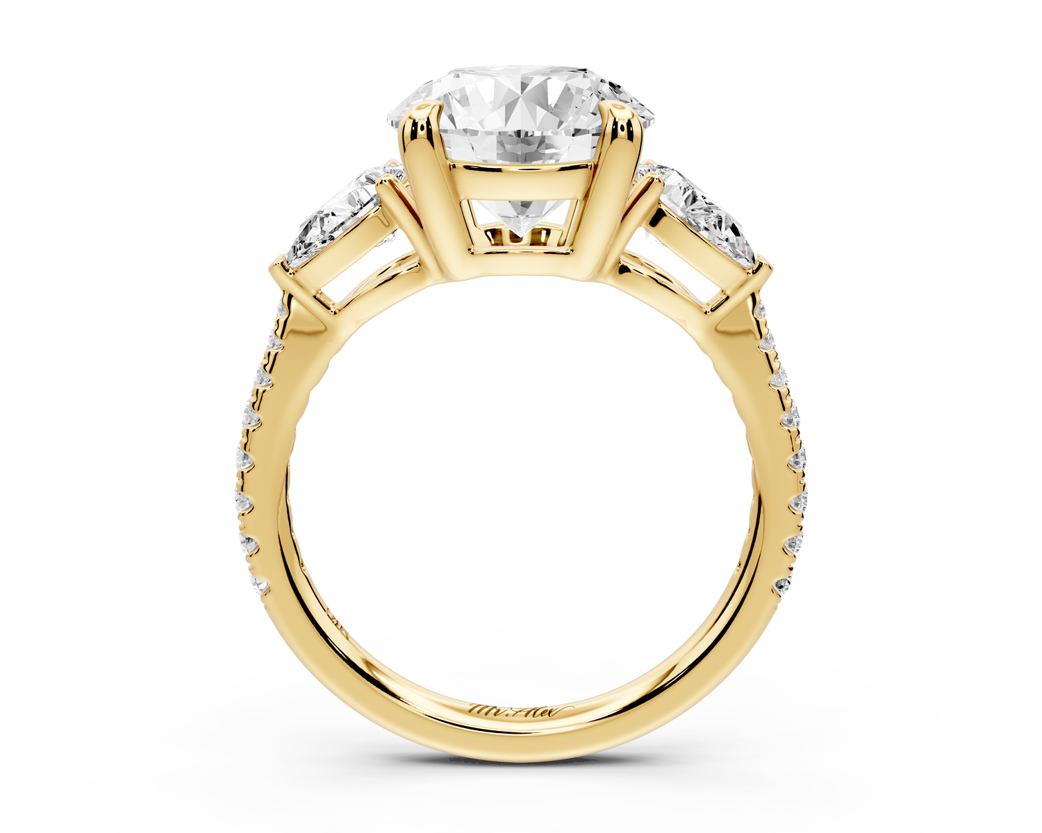 Alma - 3ct 14k yellow gold round center stone with two pear shaped diamonds and pavé. Three stone oval and pear engagment ring with Pavé