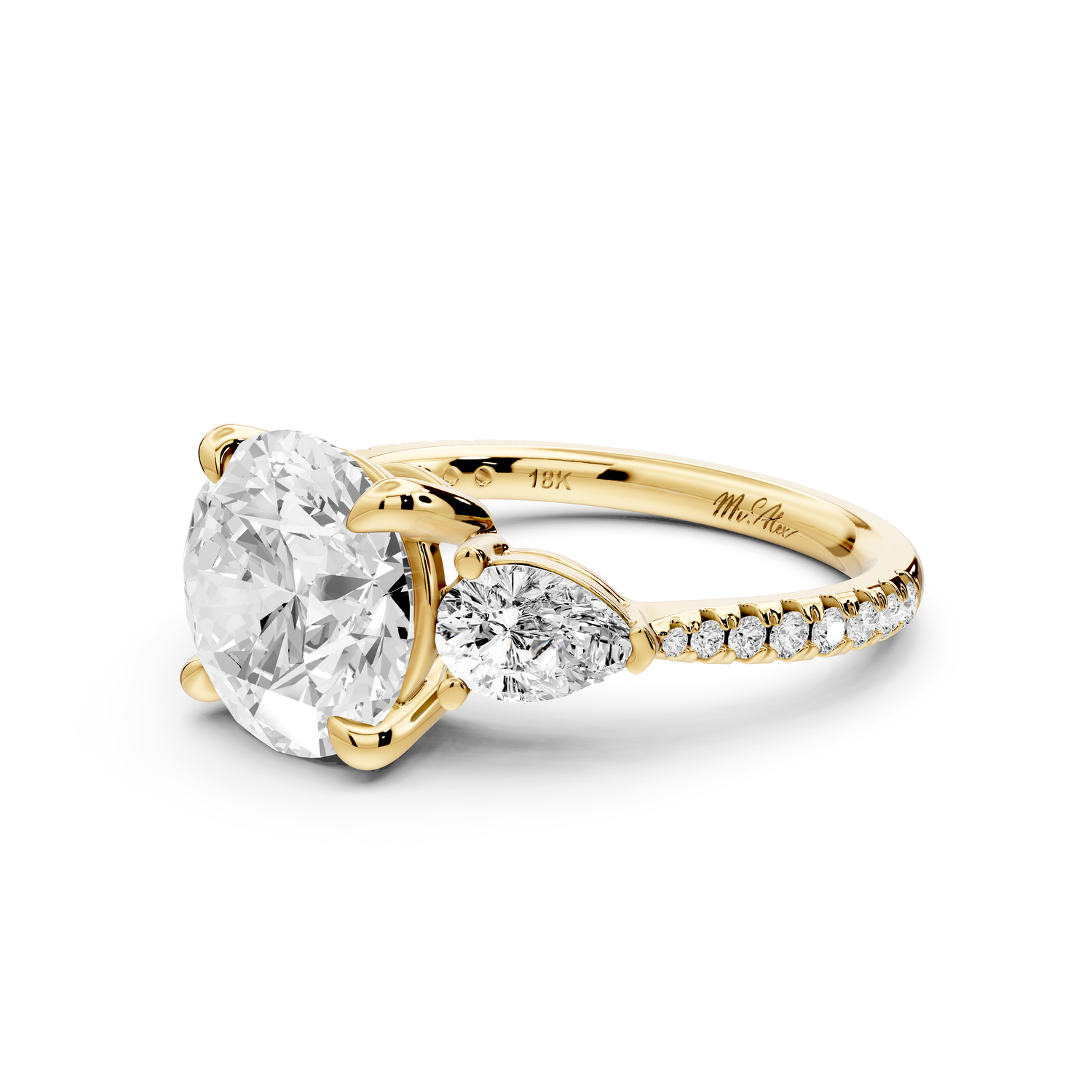 Alma - 3ct 18k yellow gold round center stone with two pear shaped diamonds and Pavé. Three stone oval and pear engagment ring with Pavé
