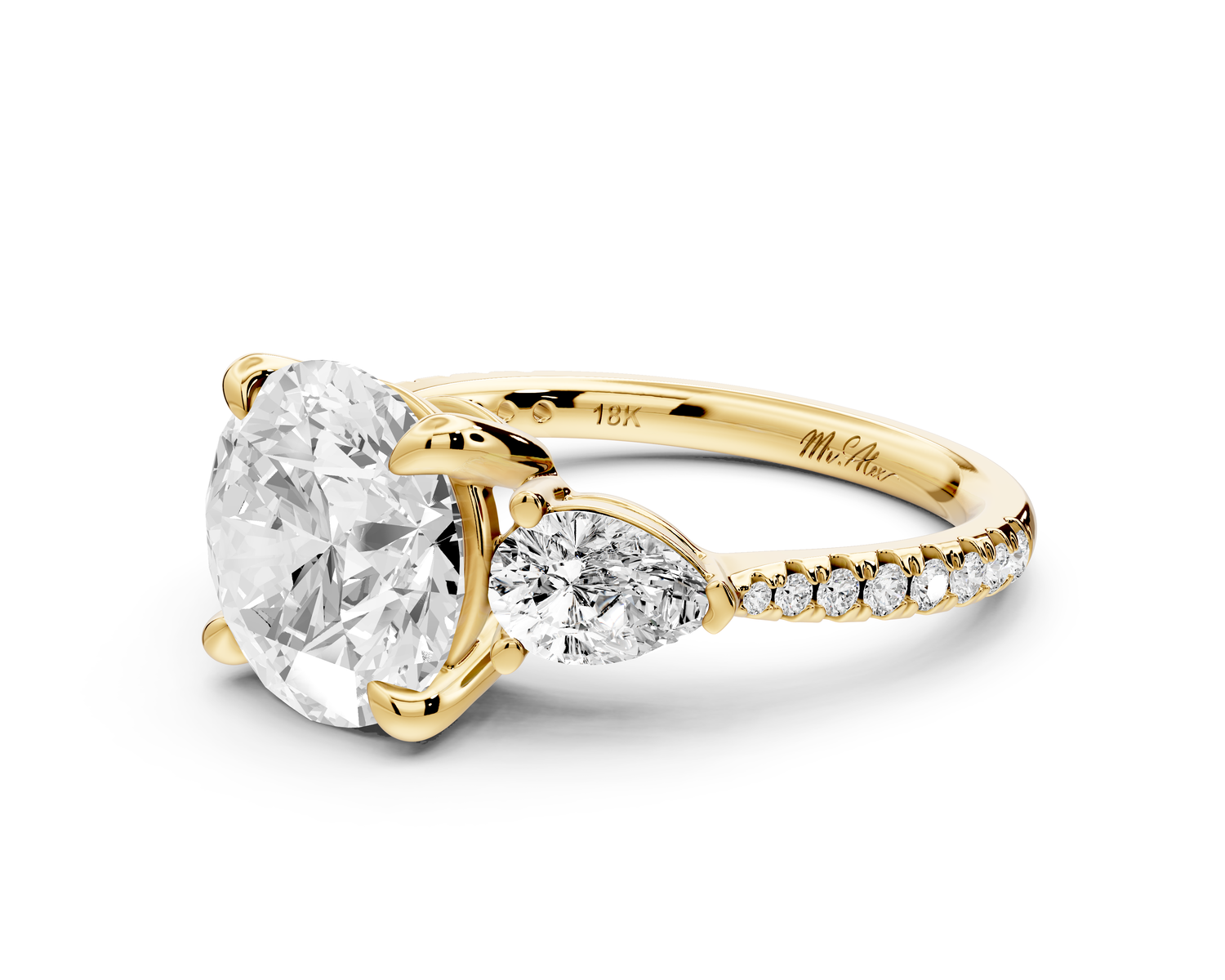Alma - 3ct 14k yellow gold round center stone with two pear shaped diamonds and pavé. Three stone oval and pear engagment ring with Pavé