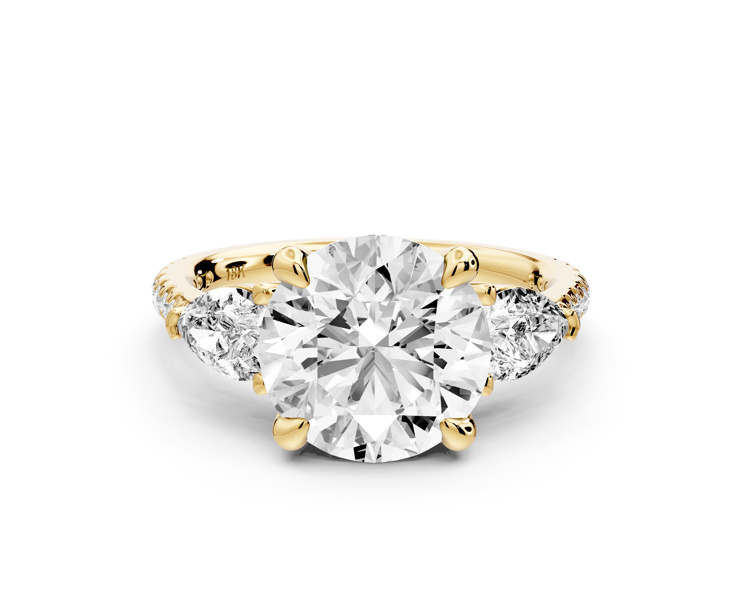 Alma - 3ct 14k yellow gold round center stone with two pear shaped diamonds and pavé. Three stone oval and pear engagment ring with Pavé