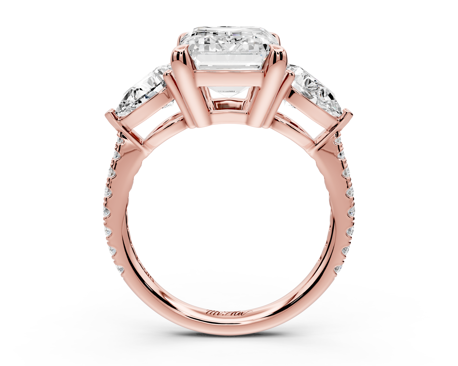 Alma - 4ct 14k rose gold emerald center stone with two pear shaped diamonds and pavé. Three stone oval and pear Engagement ring with Pavé
