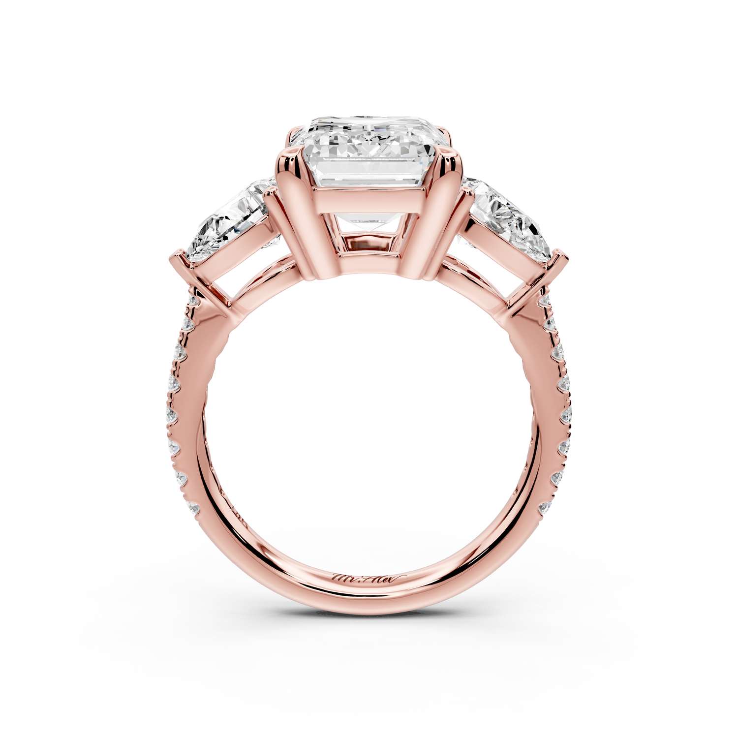 Alma - 4ct 14k rose gold emerald center stone with two pear shaped diamonds and pavé. Three stone oval and pear Engagement ring with Pavé