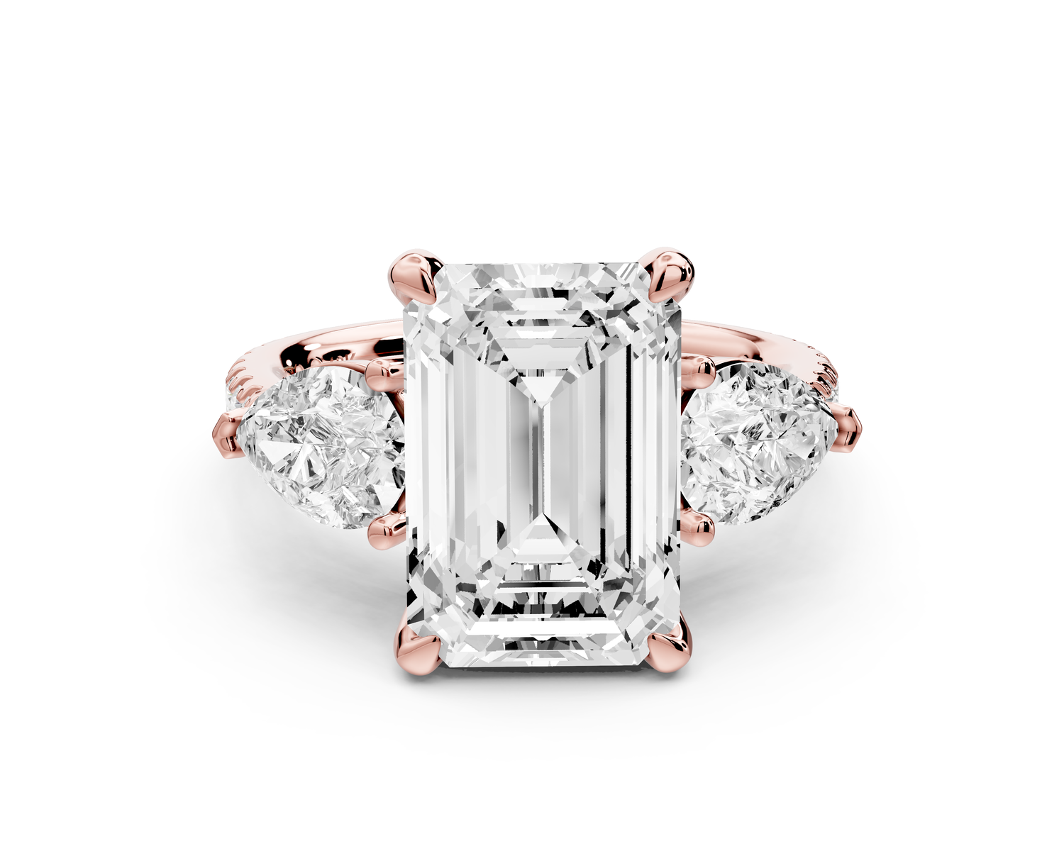 Alma - 4ct 14k rose gold emerald center stone with two pear shaped diamonds and pavé. Three stone oval and pear Engagement ring with Pavé