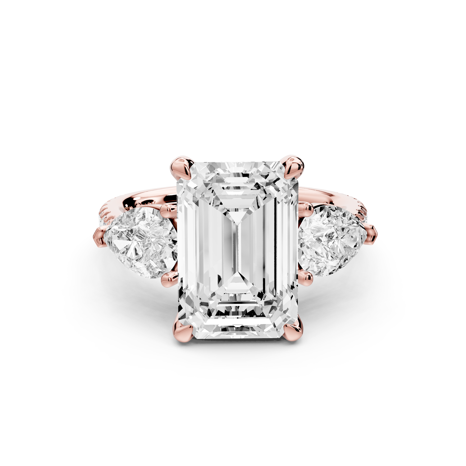 Alma - 4ct 14k rose gold emerald center stone with two pear shaped diamonds and pavé. Three stone oval and pear Engagement ring with Pavé