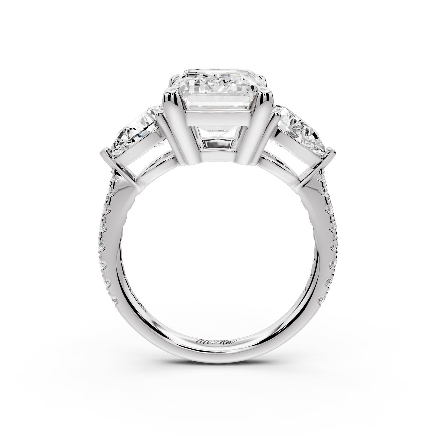 Alma - 4ct 14k white gold emerald center stone with two pear shaped diamonds and pavé. Three stone oval and pear Engagement ring with Pavé