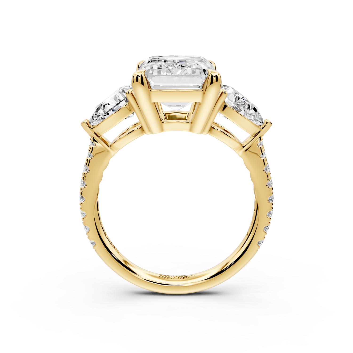 Alma - 4ct 14k yellow gold emerald center stone with two pear shaped diamonds and pavé. Three stone oval and pear Engagement ring with Pavé