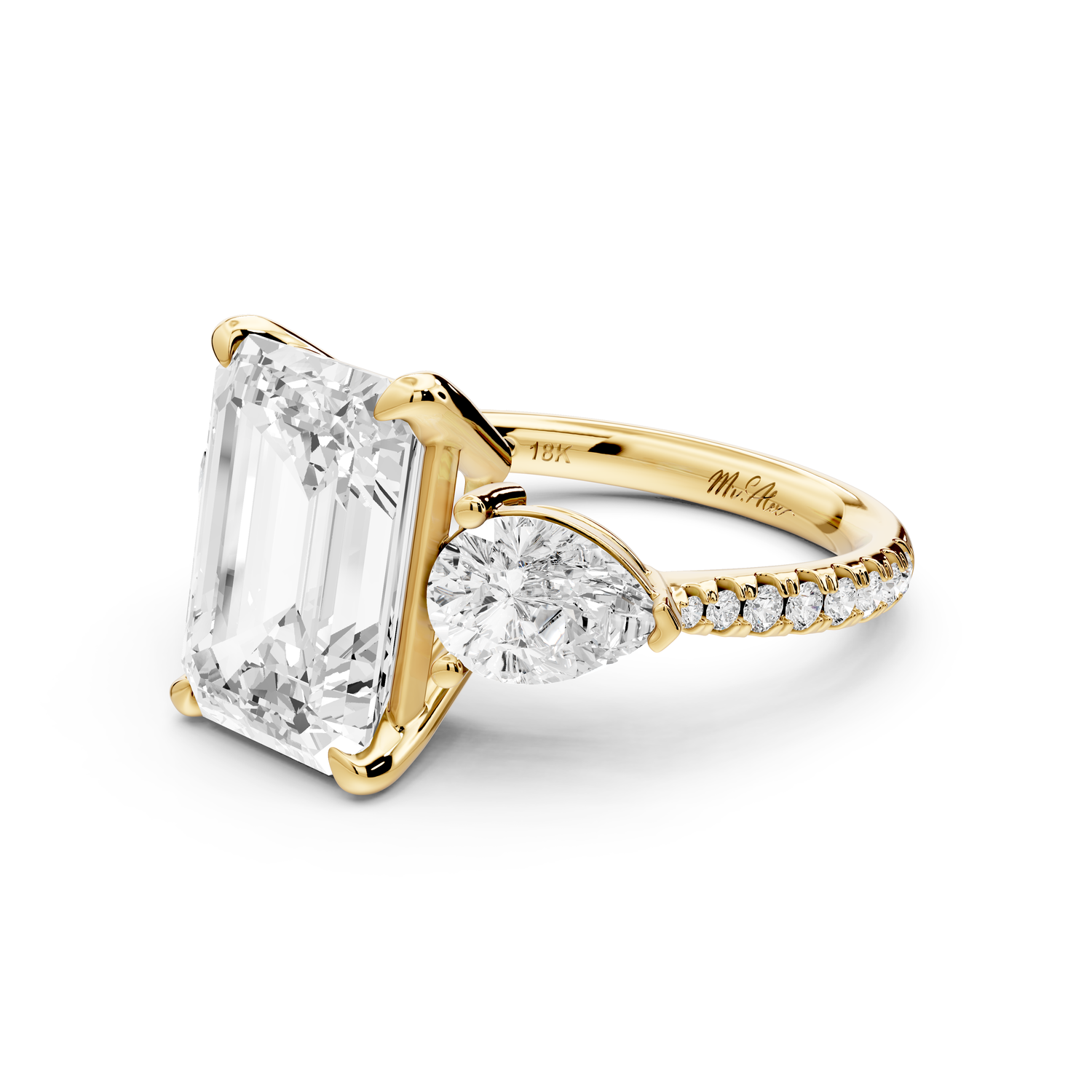 Alma - 4ct 14k yellow gold emerald center stone with two pear shaped diamonds and pavé. Three stone oval and pear Engagement ring with Pavé