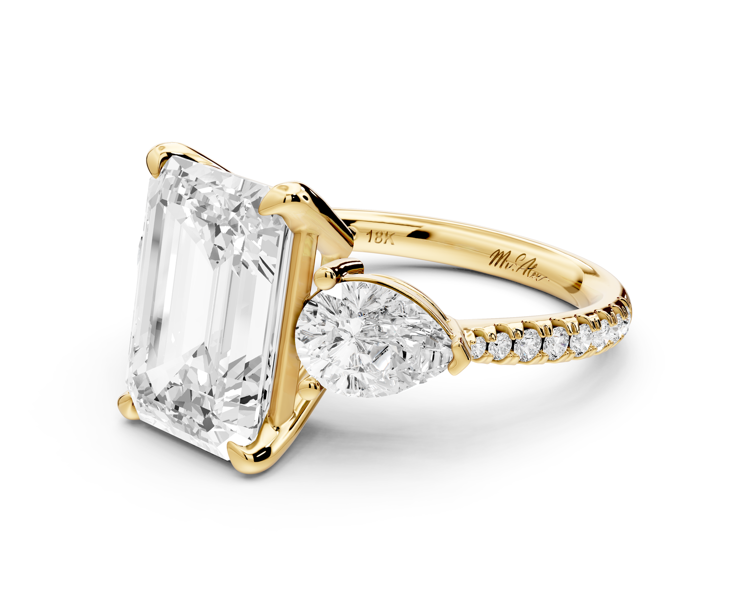 Alma - 4ct 18k yellow gold emerald center stone with two pear shaped diamonds and pavé. Three stone oval and pear Engagement ring with Pavé