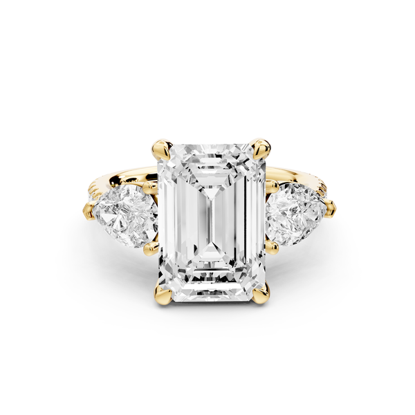 Alma - 4ct 14k yellow gold emerald center stone with two pear shaped diamonds and pavé. Three stone oval and pear Engagement ring with Pavé