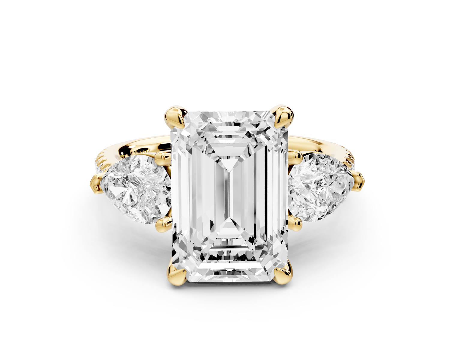 Alma - 4ct 18k yellow gold emerald center stone with two pear shaped diamonds and pavé. Three stone oval and pear Engagement ring with Pavé