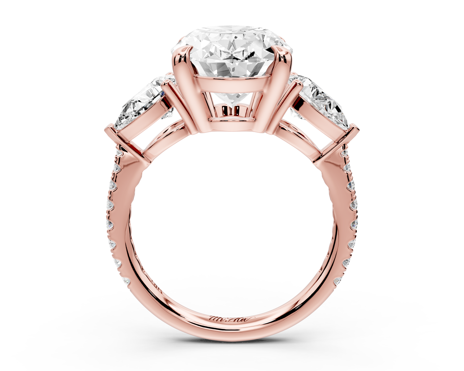 Alma - 4ct 14k rose gold oval center stone with two pear shaped diamonds and pavé. Three stone oval and pear Engagement ring with Pavé