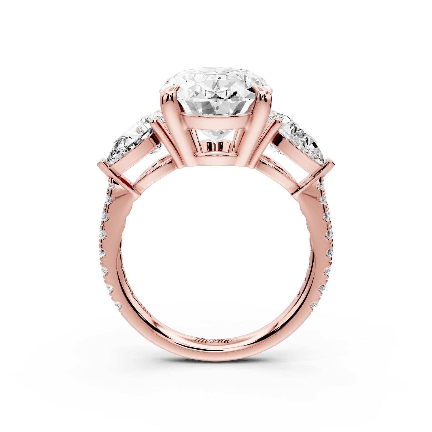 Alma - 4ct 14k rose gold oval center stone with two pear shaped diamonds and pavé. Three stone oval and pear Engagement ring with Pavé