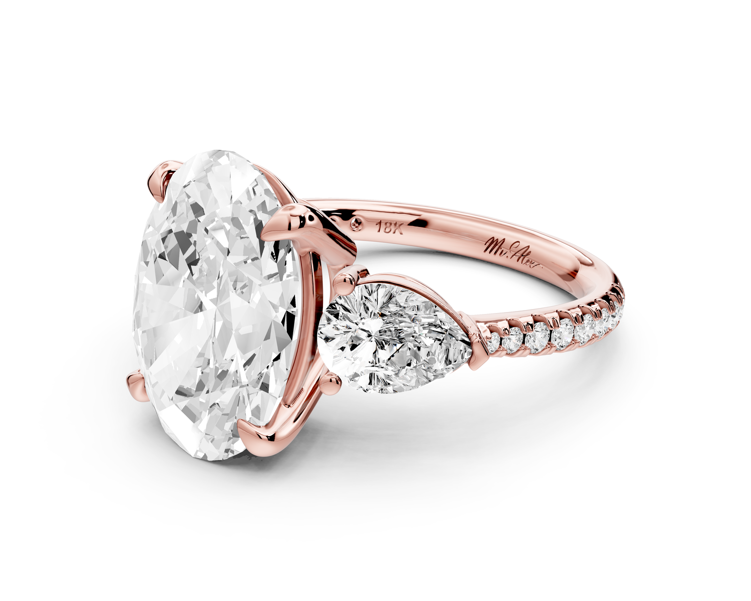 Alma - 4ct 14k rose gold oval center stone with two pear shaped diamonds and pavé. Three stone oval and pear Engagement ring with Pavé