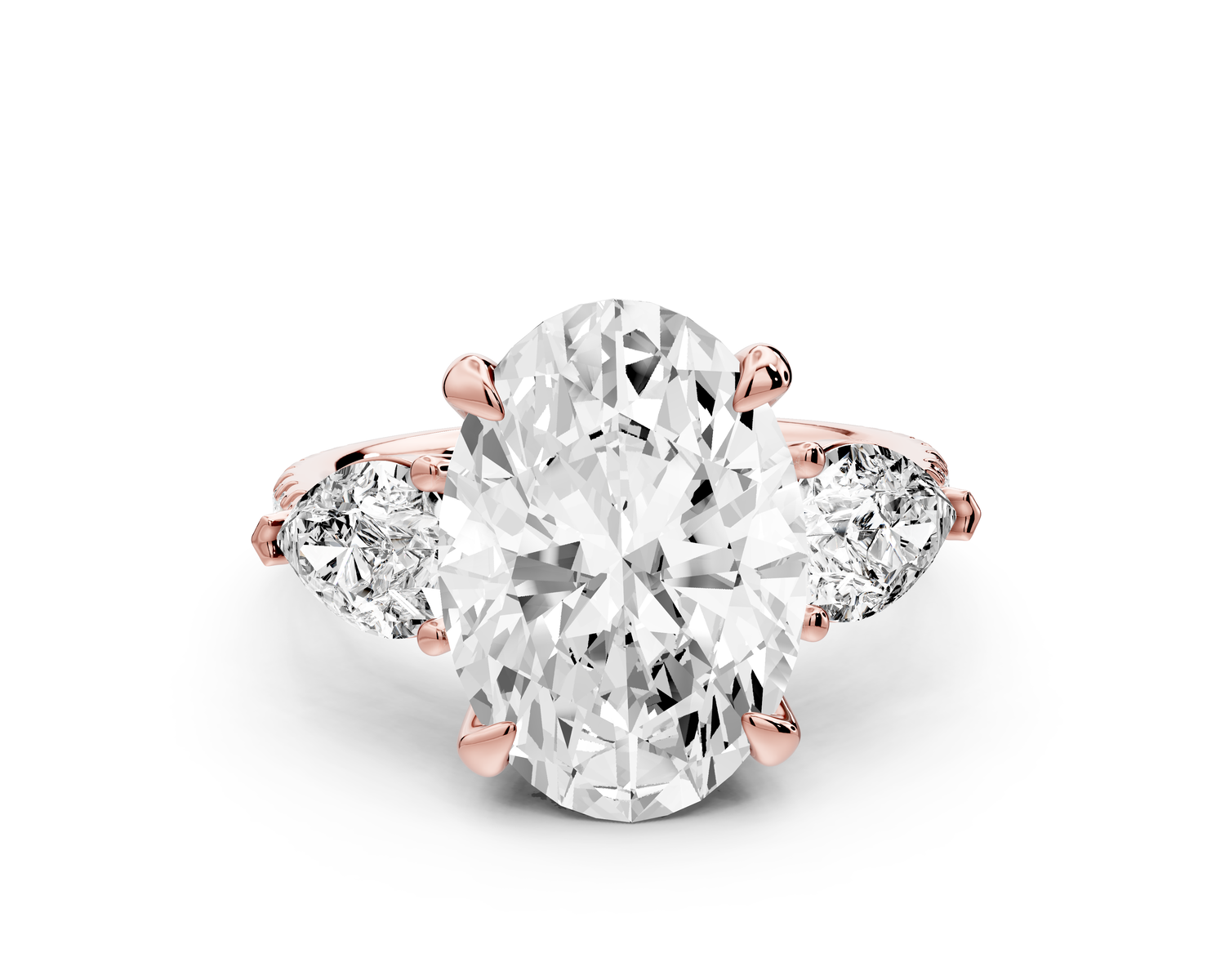 Alma - 4ct 14k rose gold oval center stone with two pear shaped diamonds and pavé. Three stone oval and pear Engagement ring with Pavé