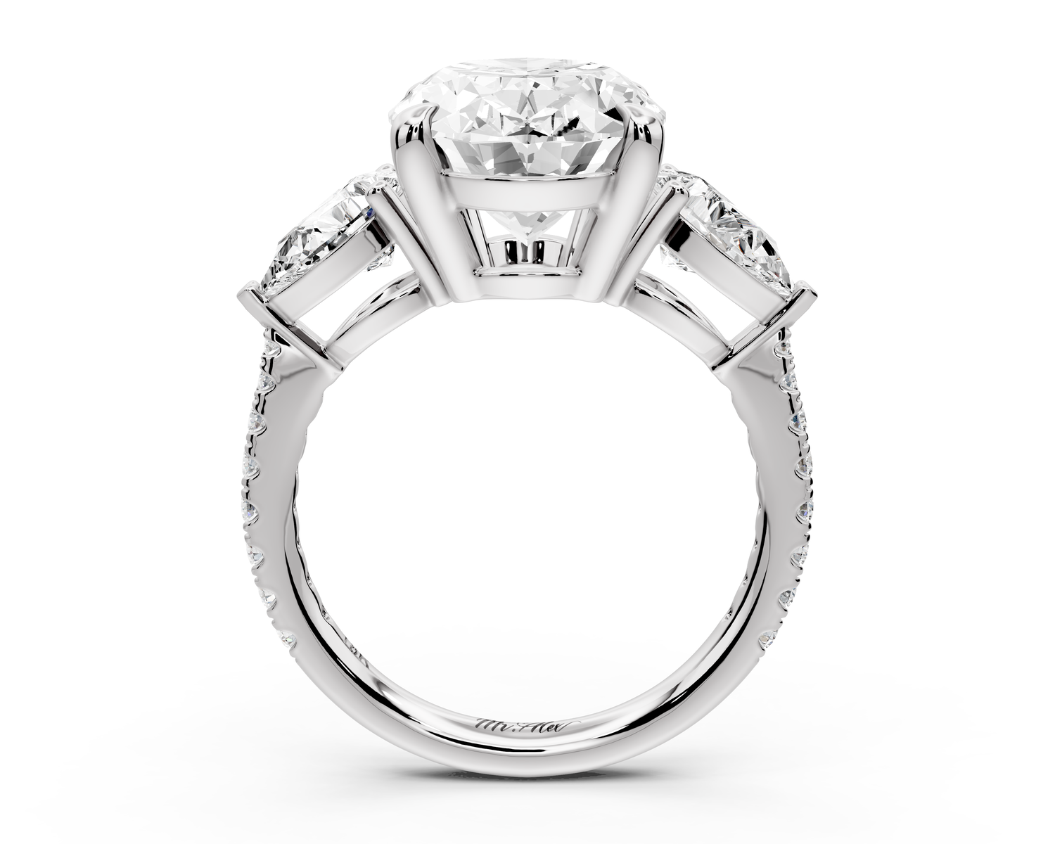 Alma - 4ct 14k white gold oval center stone with two pear shaped diamonds and pavé. Three stone oval and pear Engagement ring with Pavé