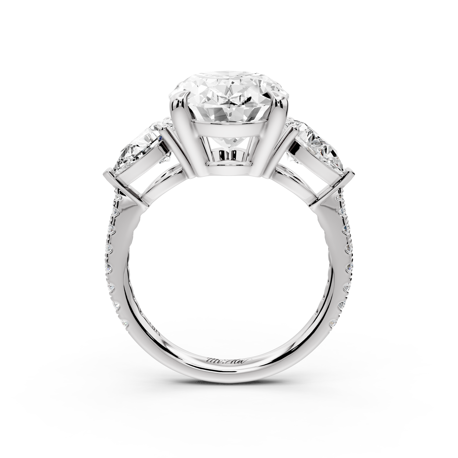 Alma - 4ct 14k white gold oval center stone with two pear shaped diamonds and pavé. Three stone oval and pear Engagement ring with Pavé