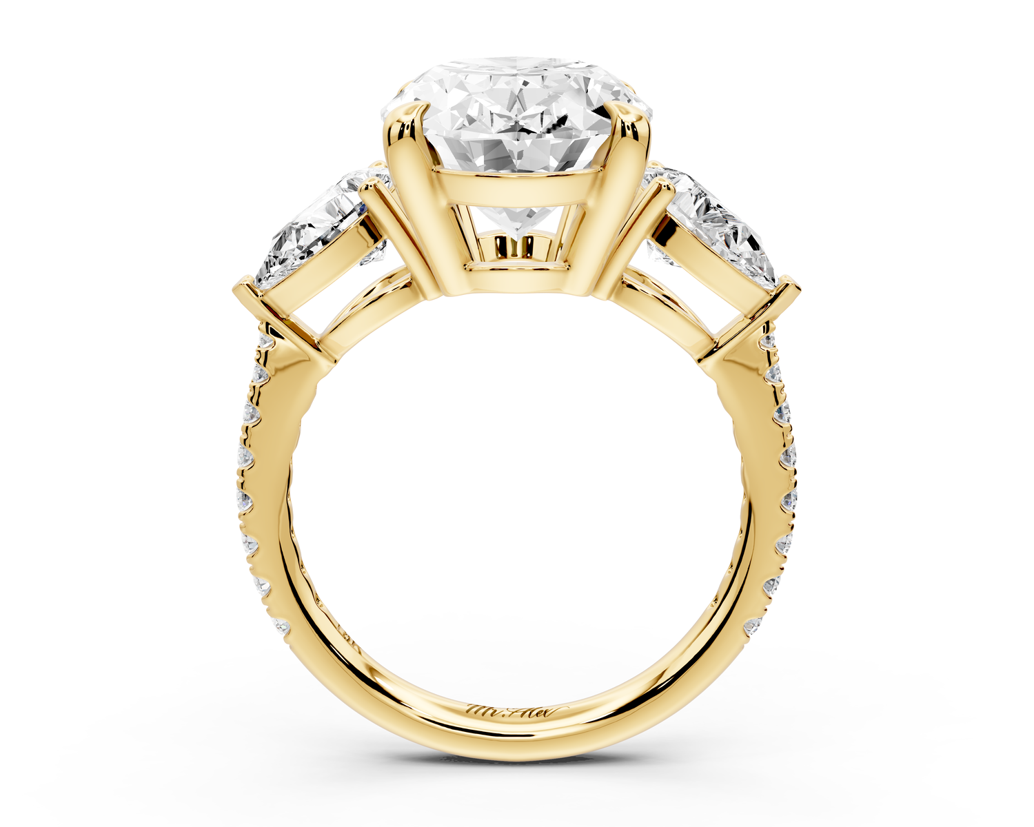Alma - 4ct 14k yellow gold oval center stone with two pear shaped diamonds and pavé. Three stone oval and pear Engagement ring with Pavé