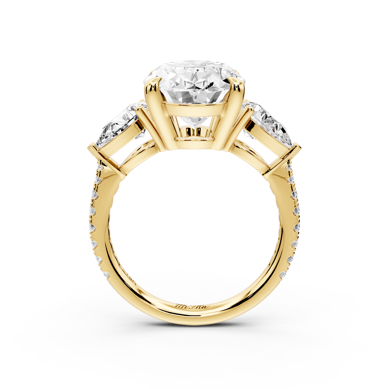Alma - 4ct 14k yellow gold oval center stone with two pear shaped diamonds and pavé. Three stone oval and pear Engagement ring with Pavé