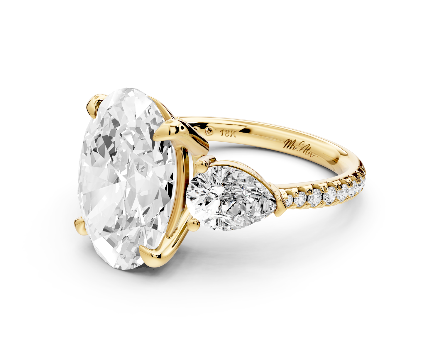 Alma - 4ct 14k yellow gold oval center stone with two pear shaped diamonds and pavé. Three stone oval and pear Engagement ring with Pavé