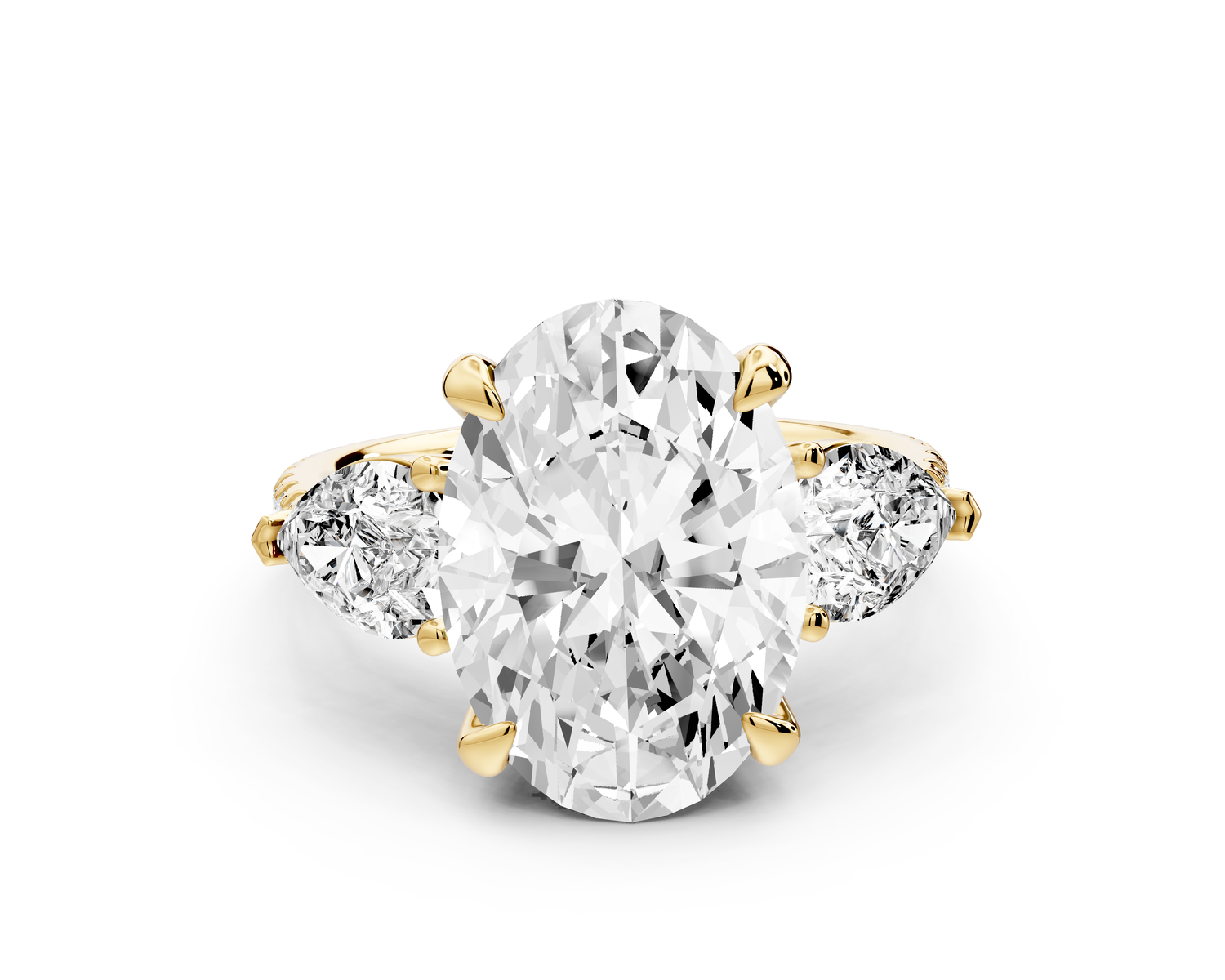 Alma - 4ct 14k yellow gold oval center stone with two pear shaped diamonds and pavé. Three stone oval and pear Engagement ring with Pavé