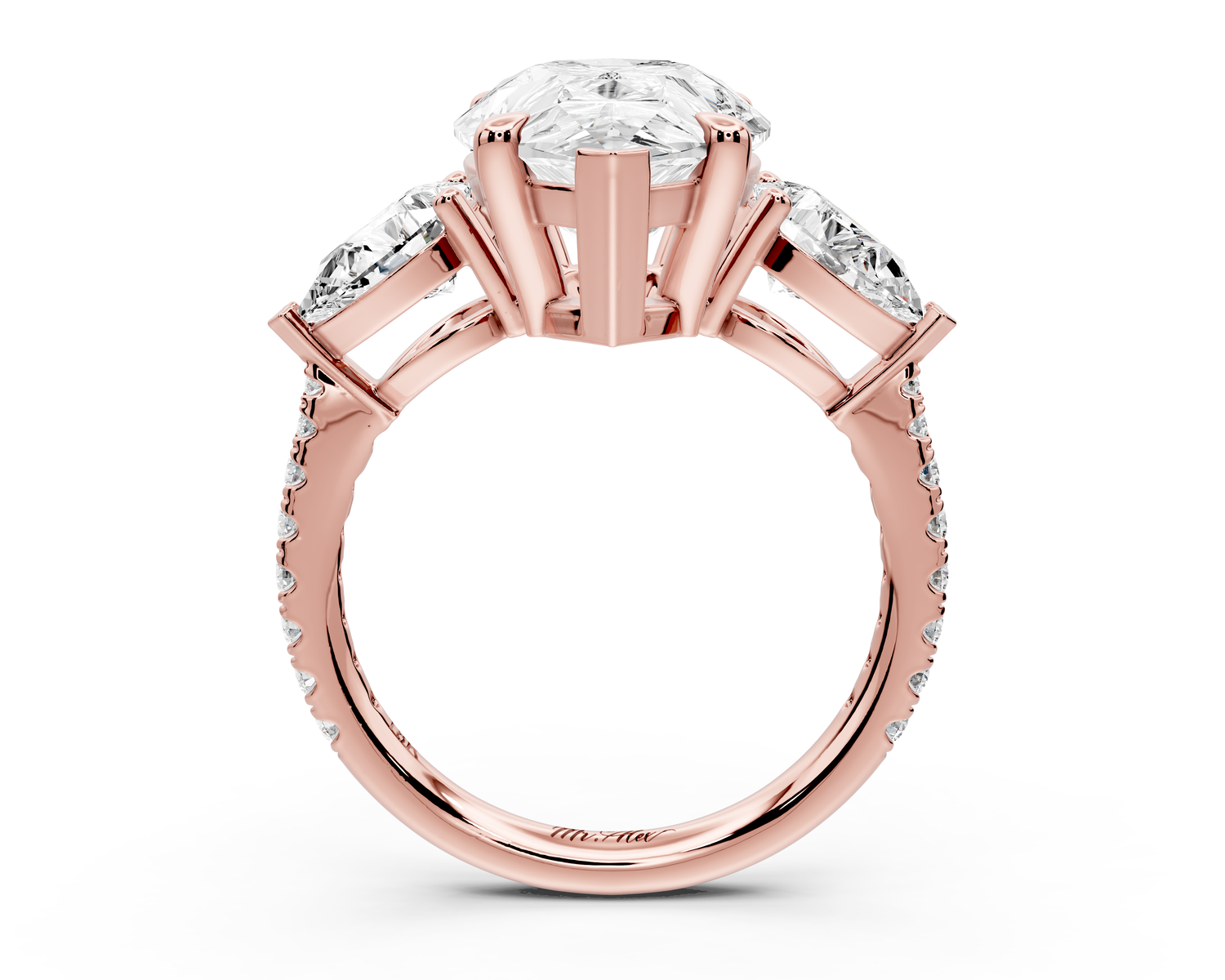 Alma - 4ct 14k rose gold pear center stone with two pear shaped diamonds and pavé. Three stone oval and pear Engagement ring with Pavé