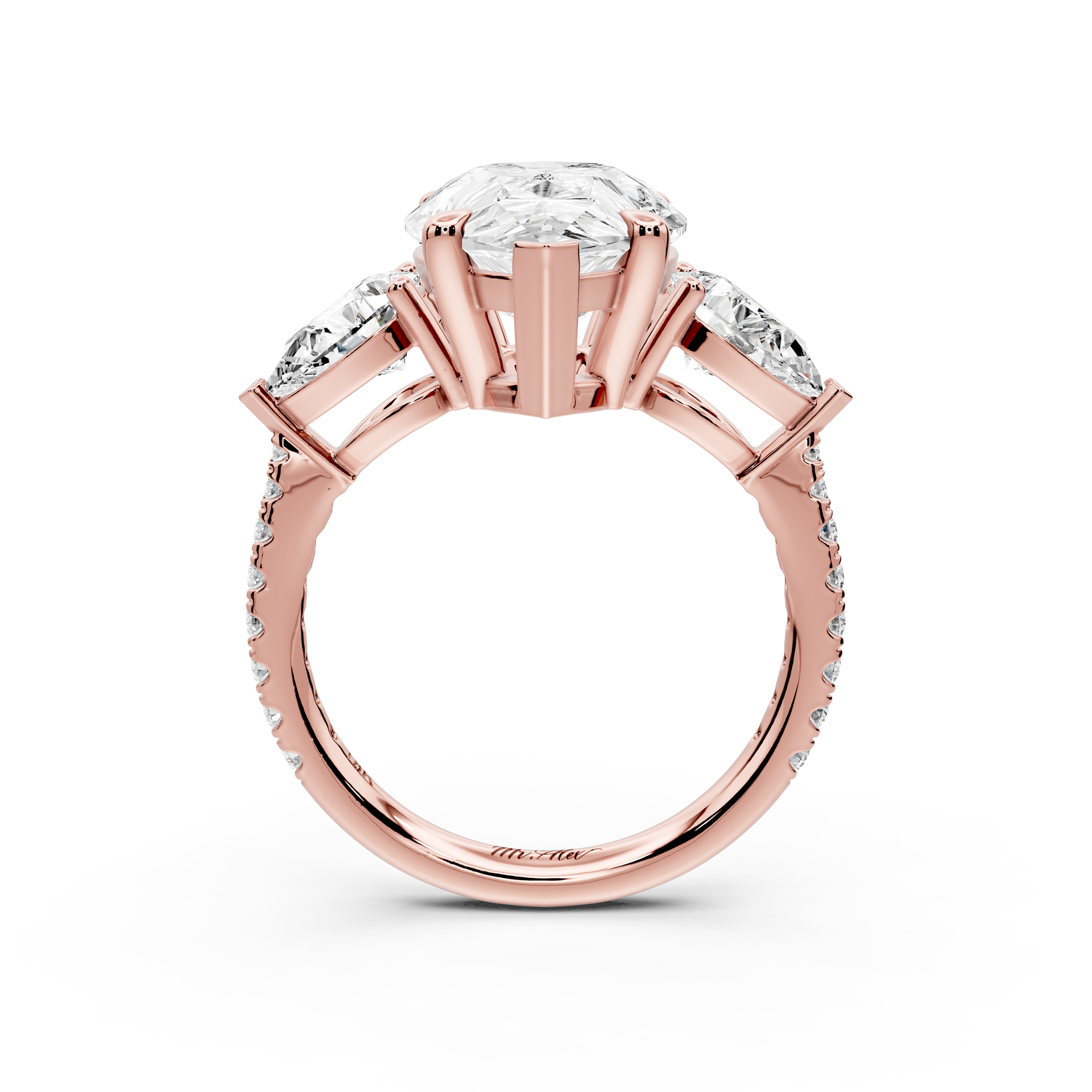 Alma - 4ct 14k rose gold pear center stone with two pear shaped diamonds and pavé. Three stone oval and pear Engagement ring with Pavé