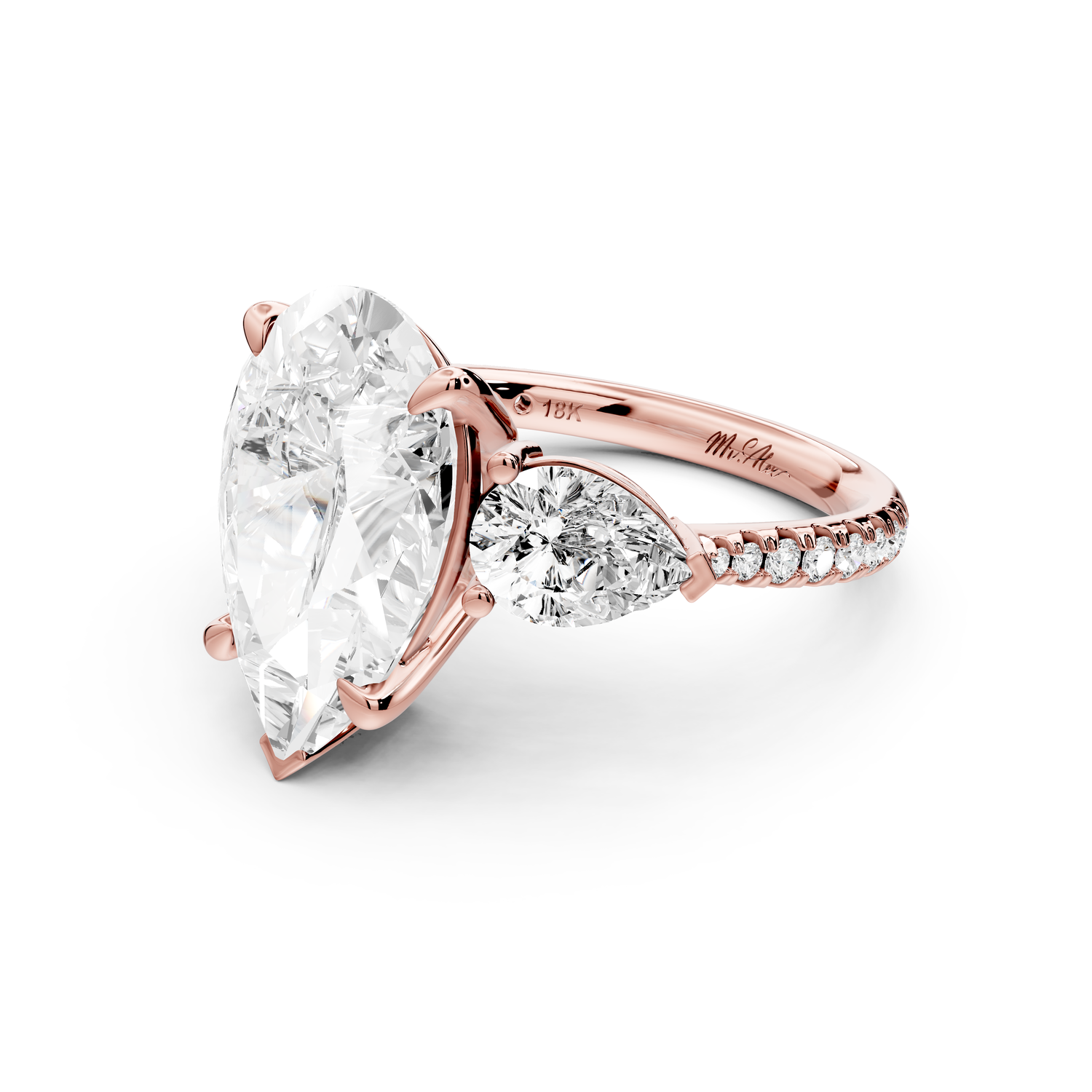 Alma - 4ct 14k rose gold pear center stone with two pear shaped diamonds and pavé. Three stone oval and pear Engagement ring with Pavé