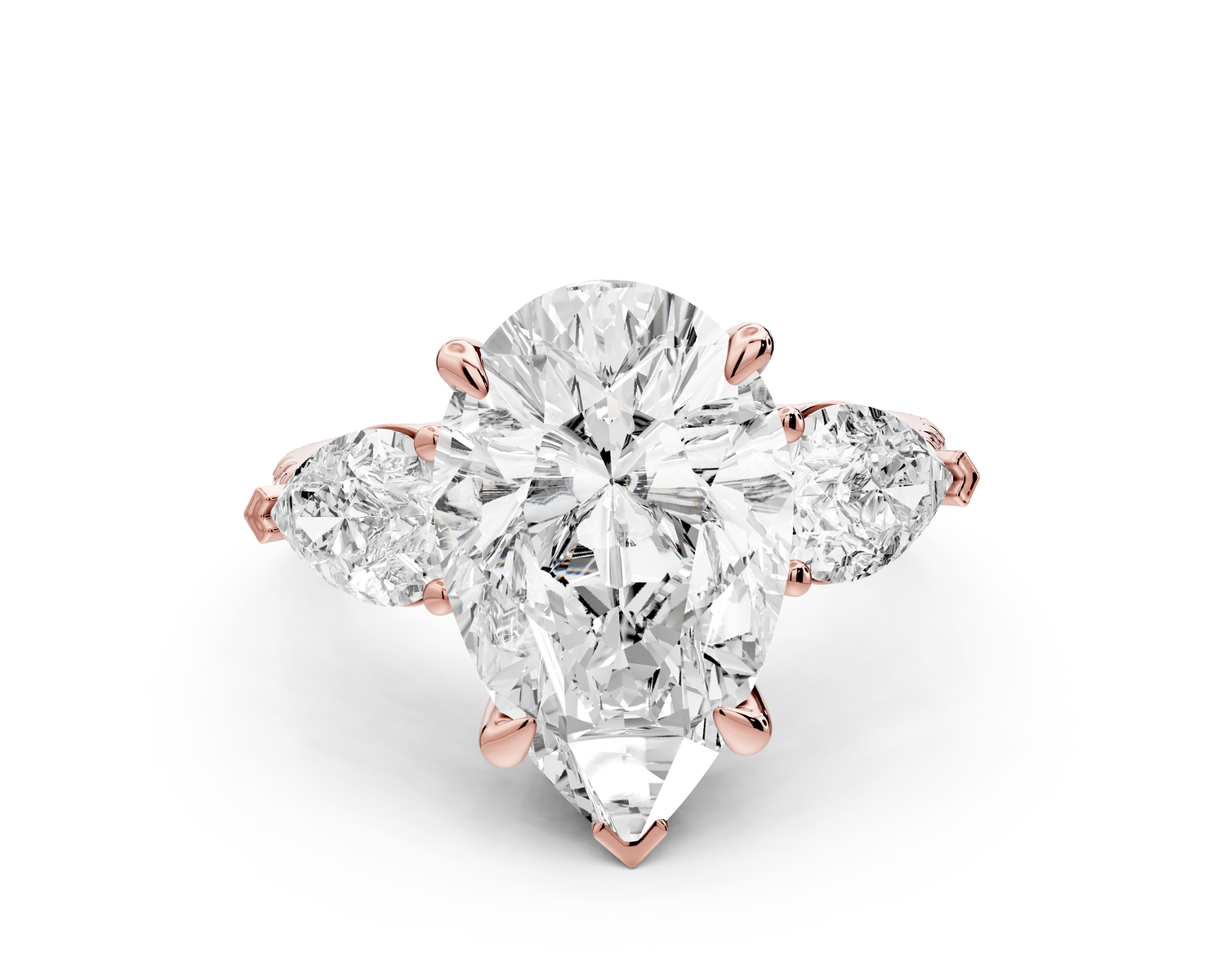 Alma - 4ct 14k rose gold pear center stone with two pear shaped diamonds and pavé. Three stone oval and pear Engagement ring with Pavé