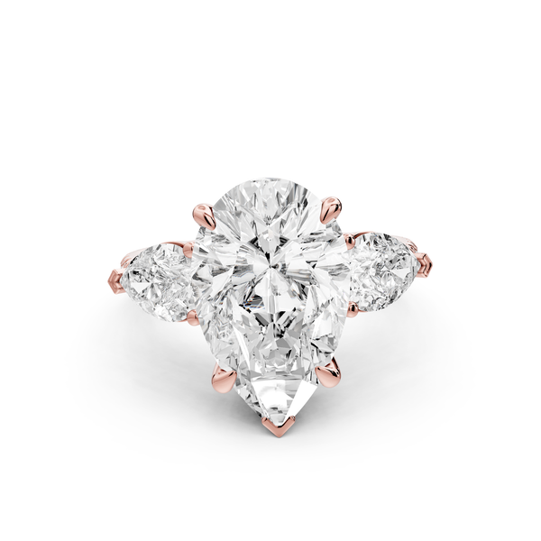 Alma - 4ct 14k rose gold pear center stone with two pear shaped diamonds and pavé. Three stone oval and pear Engagement ring with Pavé