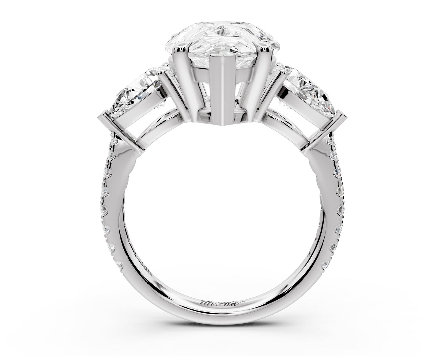 Alma - 4ct 14k white gold pear center stone with two pear shaped diamonds and pavé. Three stone oval and pear Engagement ring with Pavé