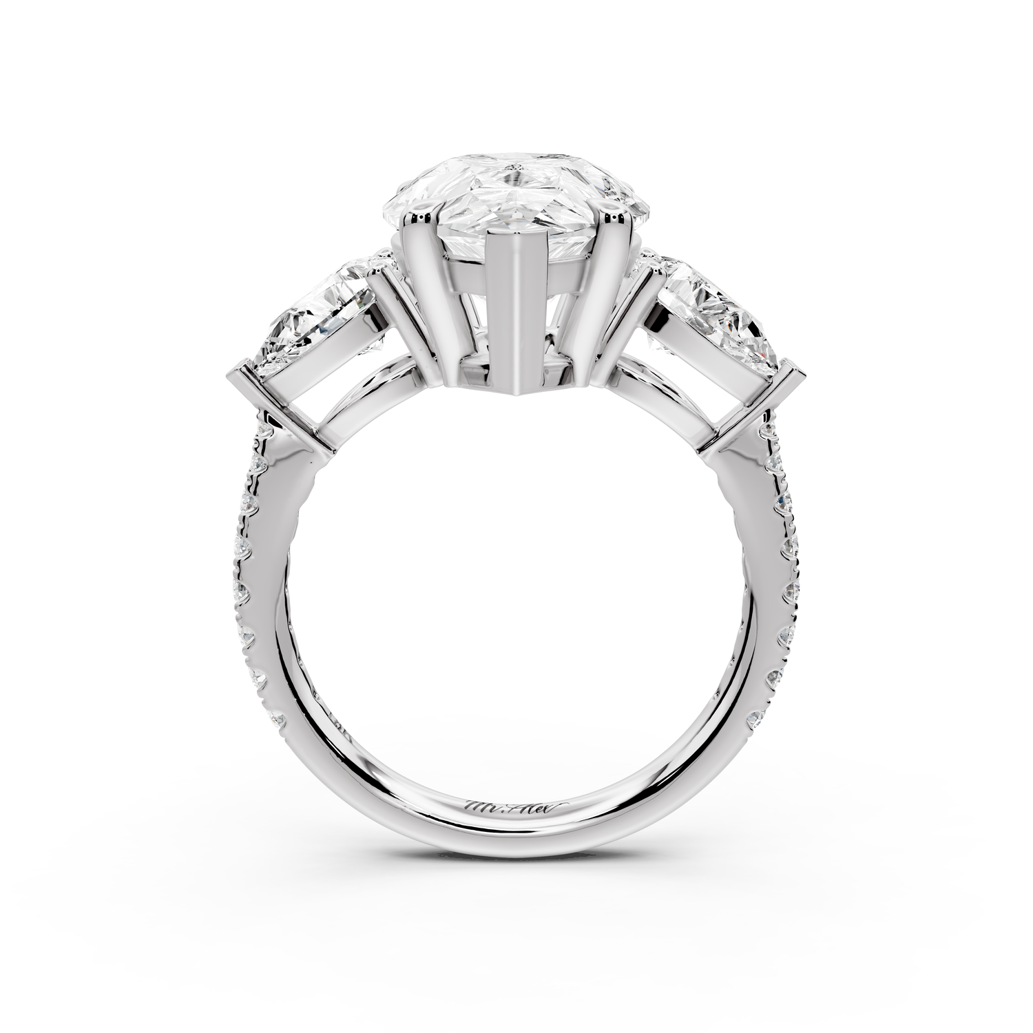 Alma - 4ct 14k white gold pear center stone with two pear shaped diamonds and pavé. Three stone oval and pear Engagement ring with Pavé