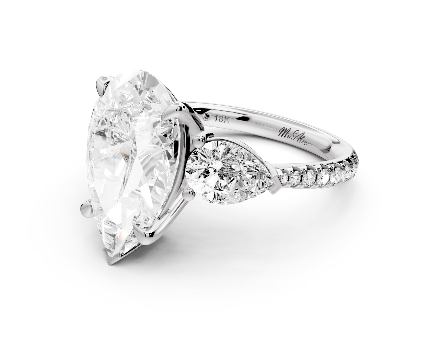 Alma - 4ct 14k white gold pear center stone with two pear shaped diamonds and pavé. Three stone oval and pear Engagement ring with Pavé