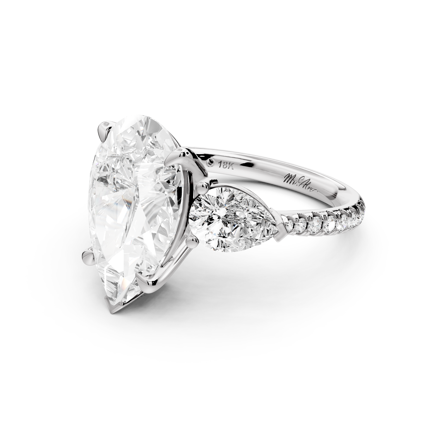 Alma - 4ct 14k white gold pear center stone with two pear shaped diamonds and pavé. Three stone oval and pear Engagement ring with Pavé
