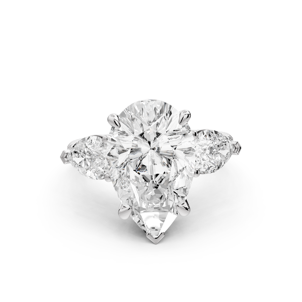 Alma - 4ct 14k white gold pear center stone with two pear shaped diamonds and pavé. Three stone oval and pear Engagement ring with Pavé