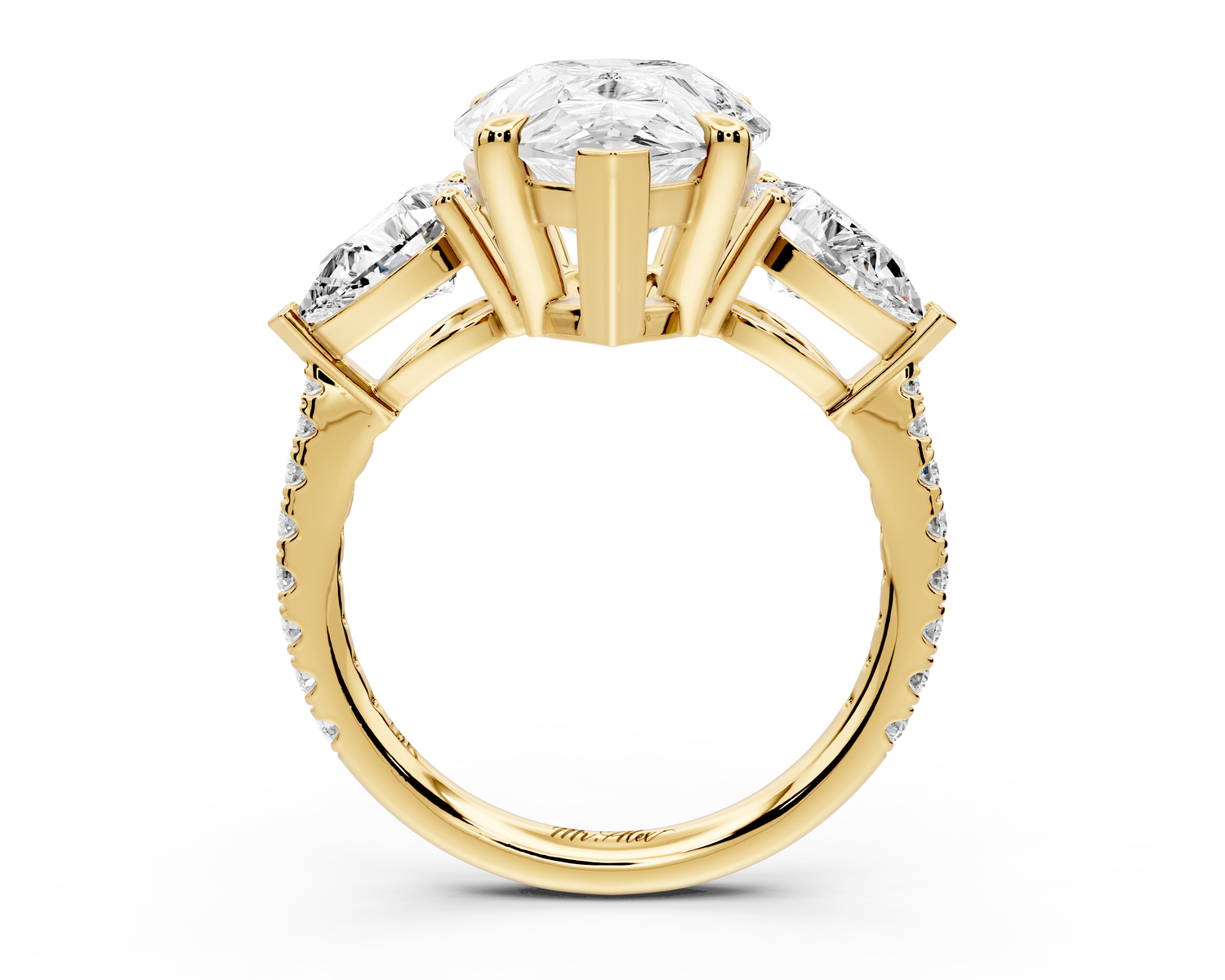 Alma - 4ct 14k yellow gold pear center stone with two pear shaped diamonds and pavé. Three stone oval and pear Engagement ring with Pavé