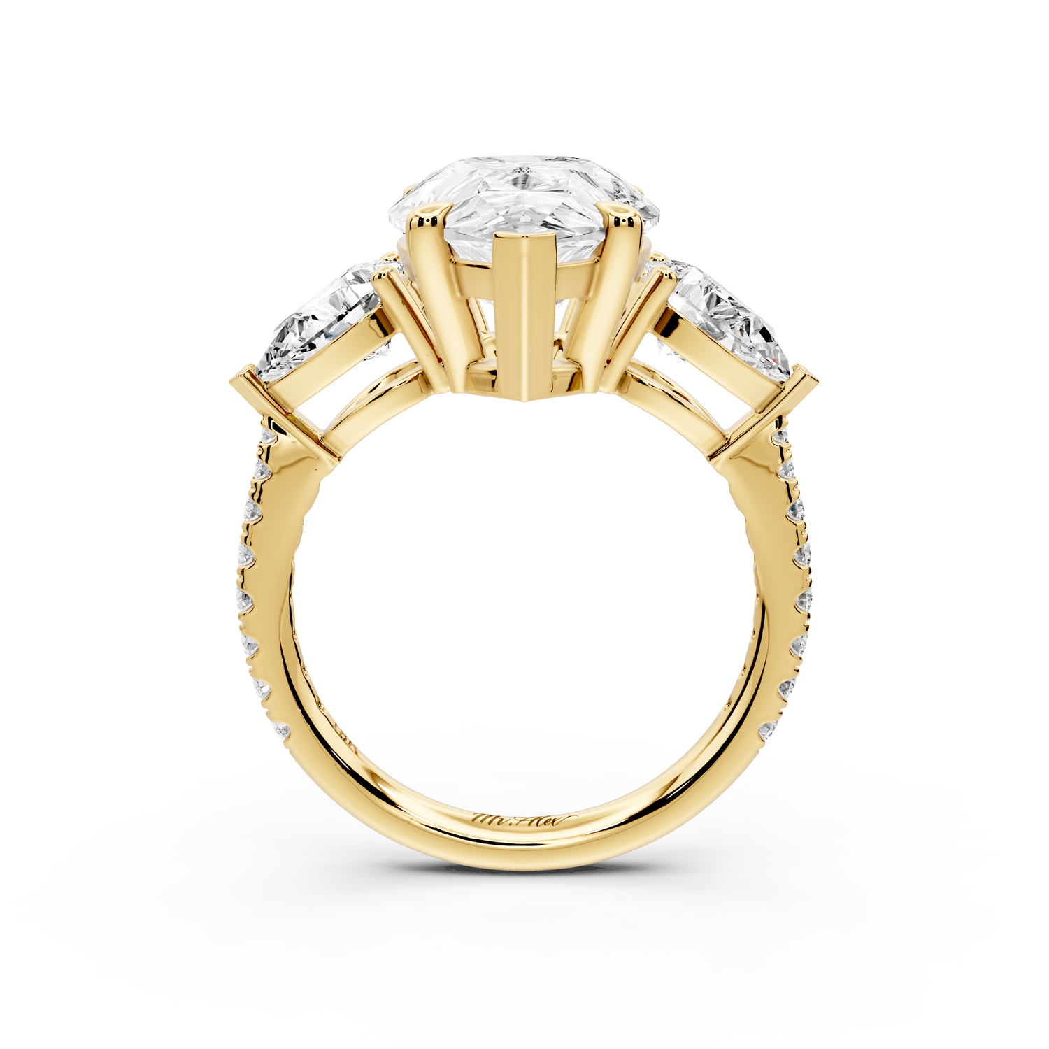 Alma - 4ct 14k yellow gold pear center stone with two pear shaped diamonds and pavé. Three stone oval and pear Engagement ring with Pavé