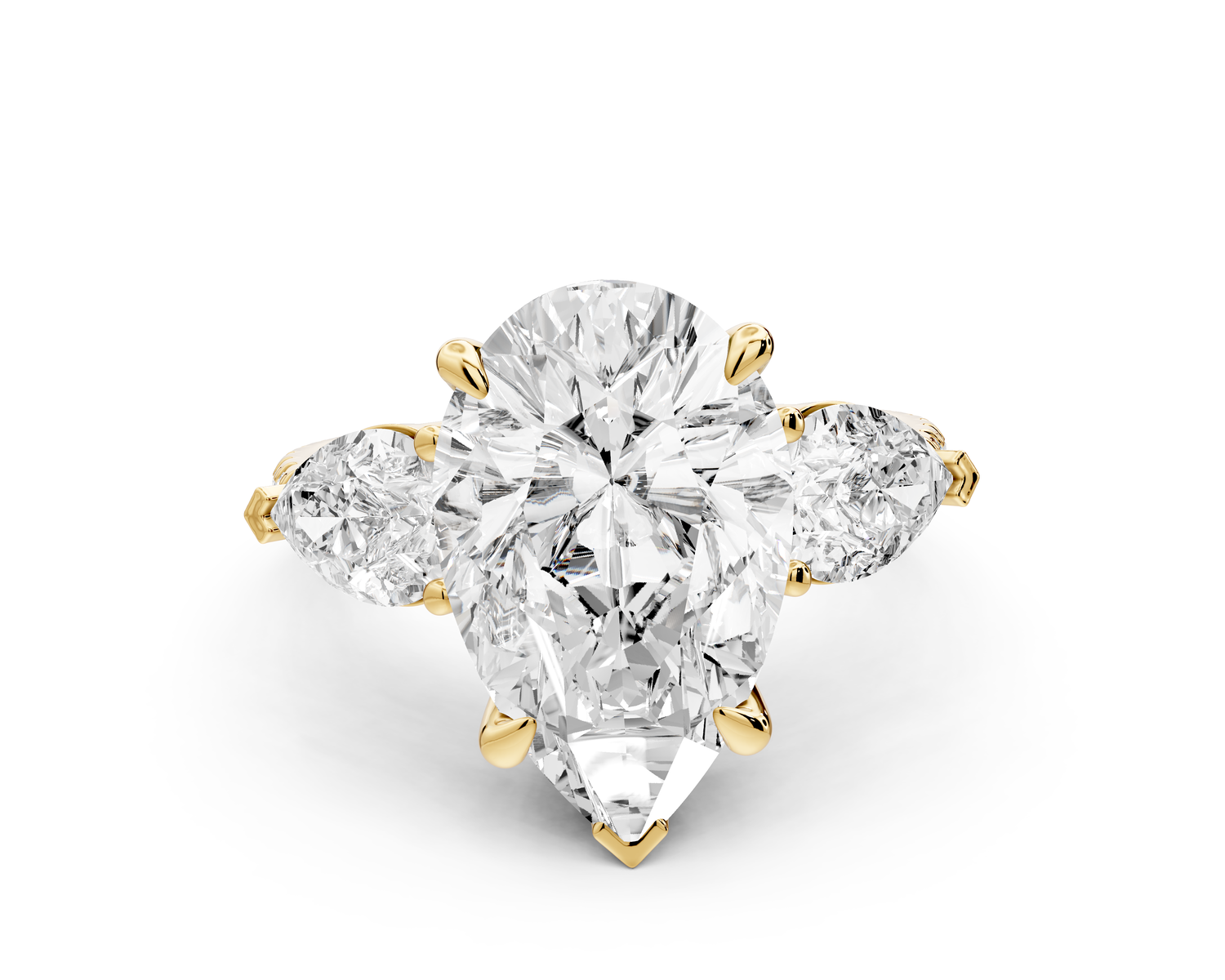 Alma - 4ct 14k yellow gold pear center stone with two pear shaped diamonds and pavé. Three stone oval and pear Engagement ring with Pavé