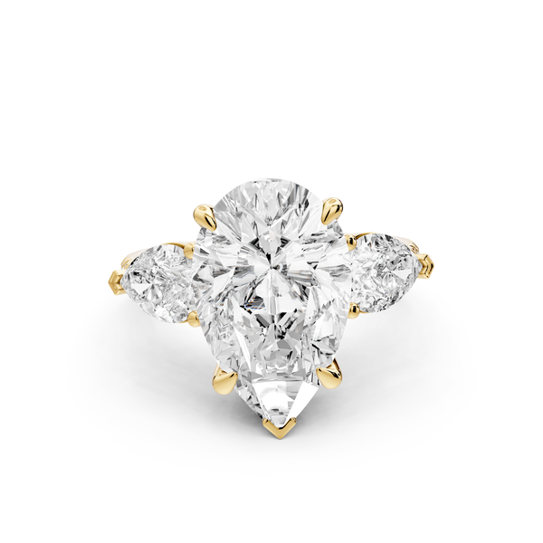 Alma - 4ct 14k yellow gold pear center stone with two pear shaped diamonds and pavé. Three stone oval and pear Engagement ring with Pavé