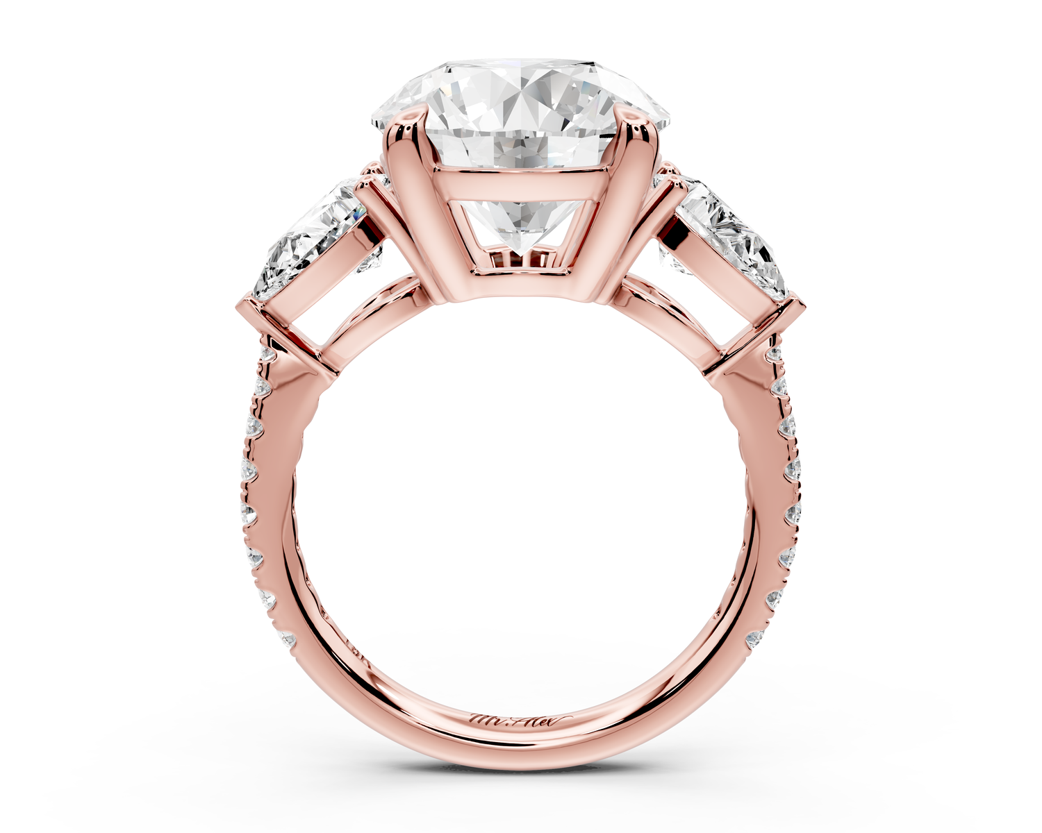 Alma - 4ct 14k rose gold round center stone with two pear shaped diamonds and pavé. Three stone oval and pear engagment ring with Pavé