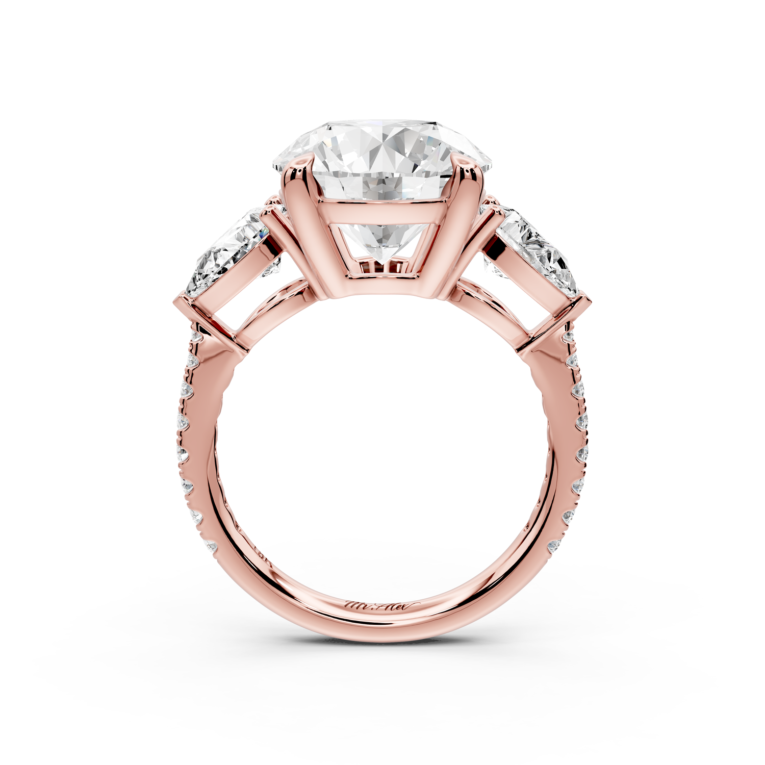 Alma - 4ct 14k rose gold round center stone with two pear shaped diamonds and Pavé. Three stone oval and pear engagment ring with Pavé