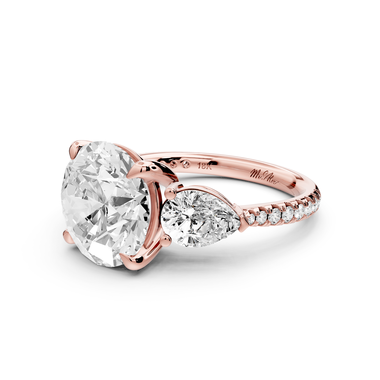 Alma - 4ct 14k rose gold round center stone with two pear shaped diamonds and pav��. Three stone oval and pear engagment ring with Pav��