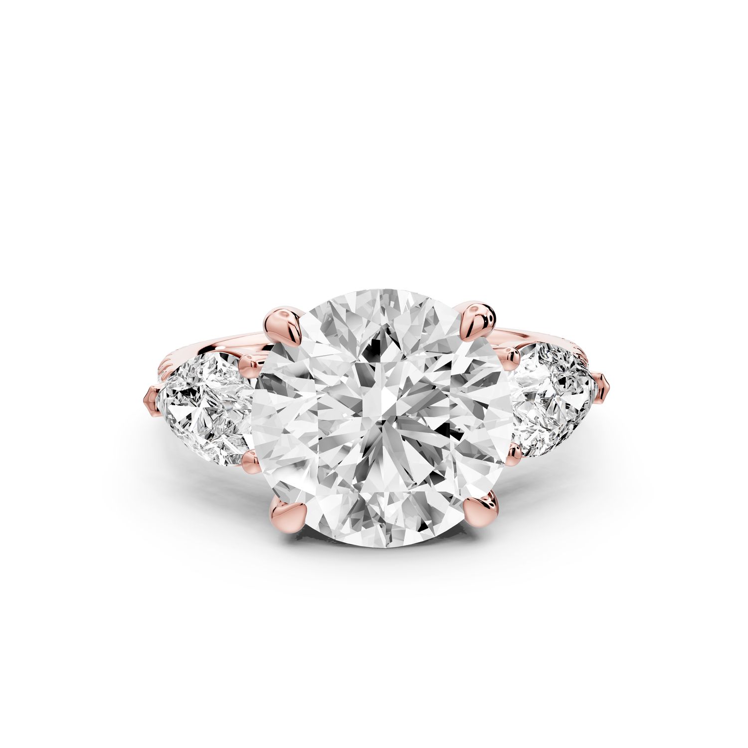 Alma - 4ct 18k rose gold round center stone with two pear shaped diamonds and pav��. Three stone oval and pear engagment ring with Pav��