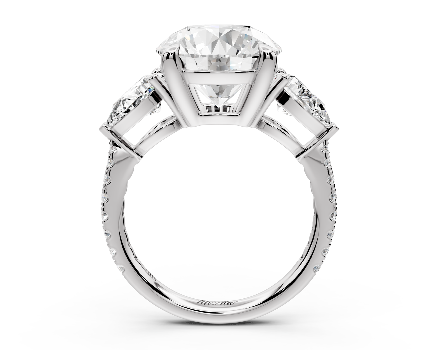 Alma - 4ct 18k white gold round center stone with two pear shaped diamonds and pavé. Three stone oval and pear engagment ring with Pavé