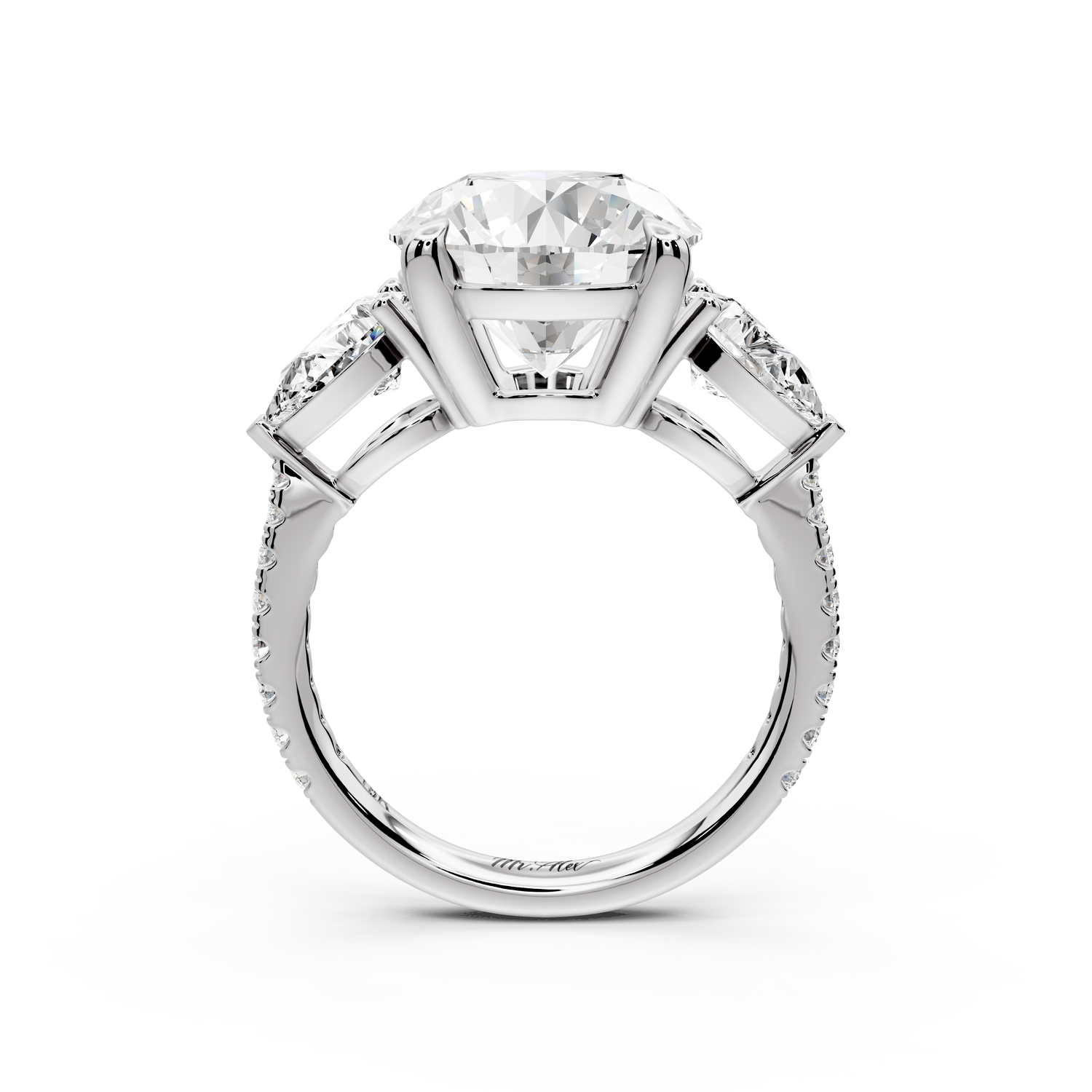 Alma - 4ct 18k white gold round center stone with two pear shaped diamonds and Pavé. Three stone oval and pear engagment ring with Pavé