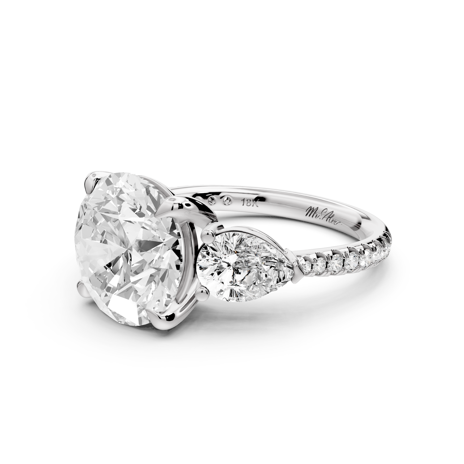 Alma - 4ct 14k white gold round center stone with two pear shaped diamonds and pav��. Three stone oval and pear engagment ring with Pav��